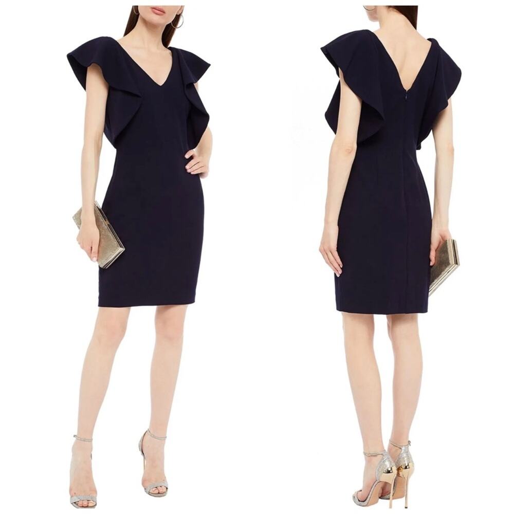 NWOT MARK + JAMES BY BADGLEY MISCHKA Cascade Ruffle Stretch Crepe Sheath Dress